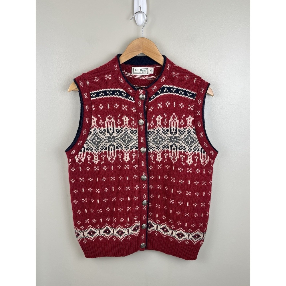 LL Bean Vtg Wool Blend Knit Sweater Vest Button Front Fair Isle Sz M USA Grandpa